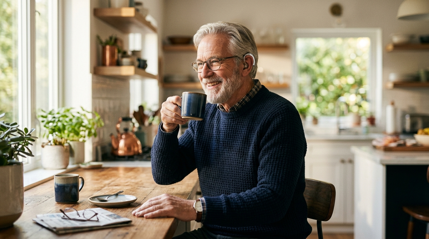 An older adult using hearing technology with confidence